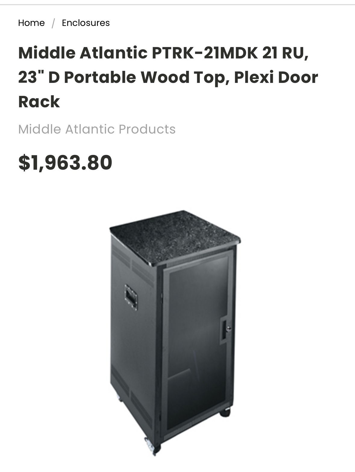 Middle Atlantic PTRK-21MDK 21 RU, 23" D Portable Wood Top, Plexi Door Rack