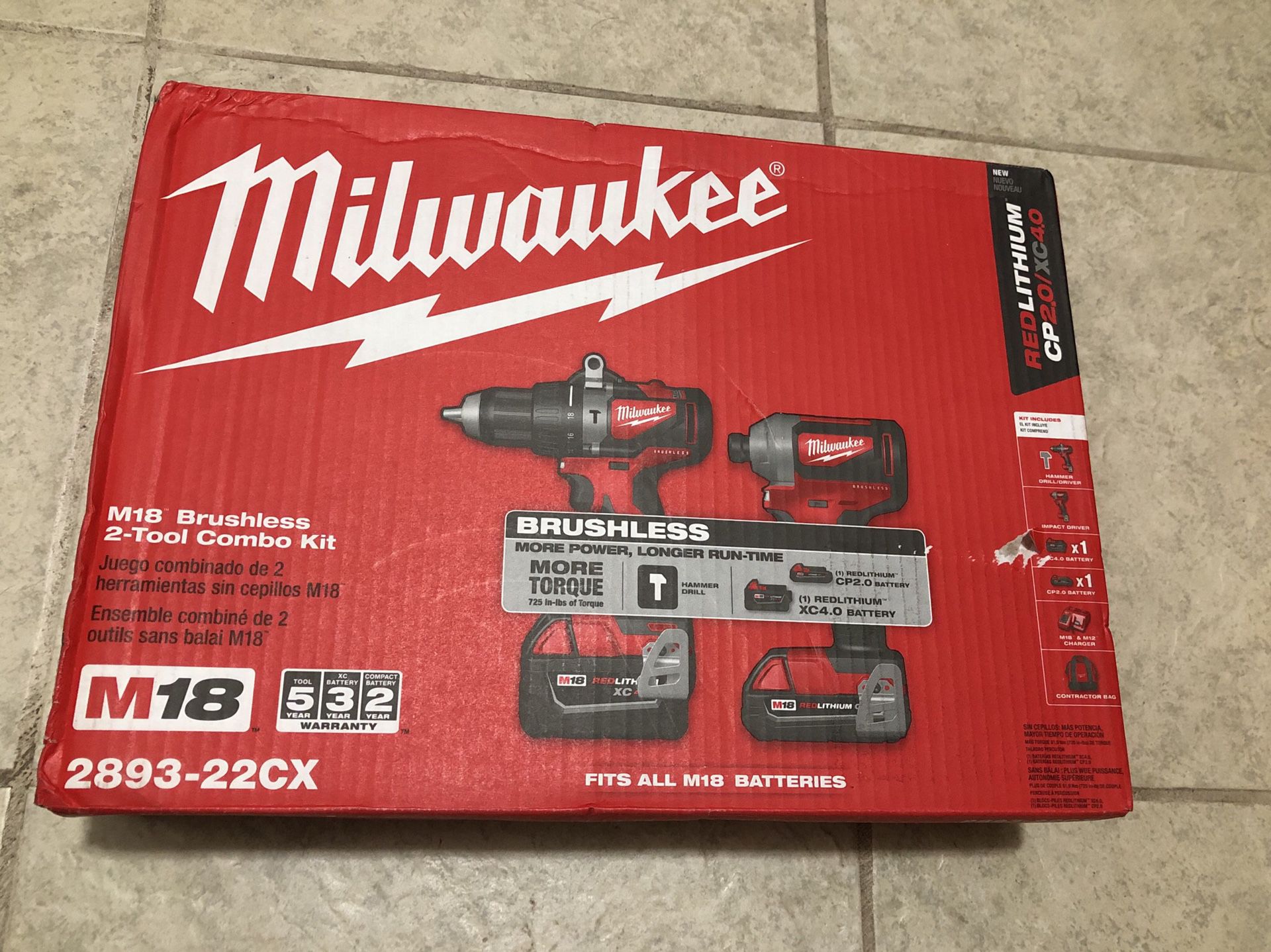 Milwaukee M18 18-Volt Lithium-Ion Brushless Cordless Hammer Drill/Impact Combo Kit with 2 Batteries ( 2.0AH and 4.0AH ), Charger.( No Box )