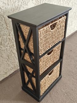 Black Wood Storage Dresser With 3 Basket Drawers