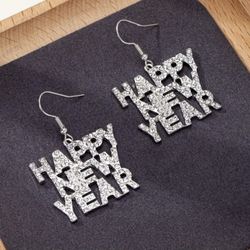 Happy New Year Holiday Earrings Silver Shiny Rhinestones Dangle Party Gift *NEW