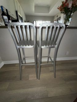 Set of 2 Aluminum  Bar Stools — Brushed Silver