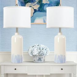 26" Ceramic Table Lamps Coastal Set Bedroom Blue White Bedside Living Room 
