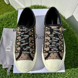 DIOR WALK’N’DIOR SNEAKERS TAN BLACK MESH GOLD HARDWARE LOGO LACES SZ 39 NEW