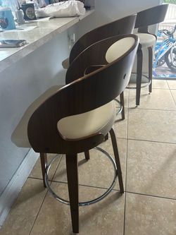 Modern Wood and Leather Bar Stools – Set of 3