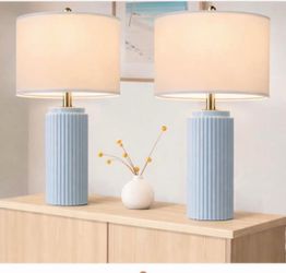 28’’ Farmhouse Ceramic Table Lamps Set of 2 for Living Room, Cream Vintage Bedside Table Lamps with White Linen Shade, Rustic Nightstand Lamps for Bed