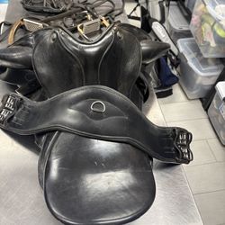 18” Satterei black leather dressage saddle, With Bridal And Acavallo Stirrups