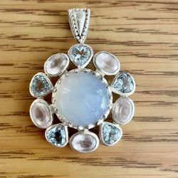 925 Sterling Silver Opalite And Aquamarine Pendant Heavy