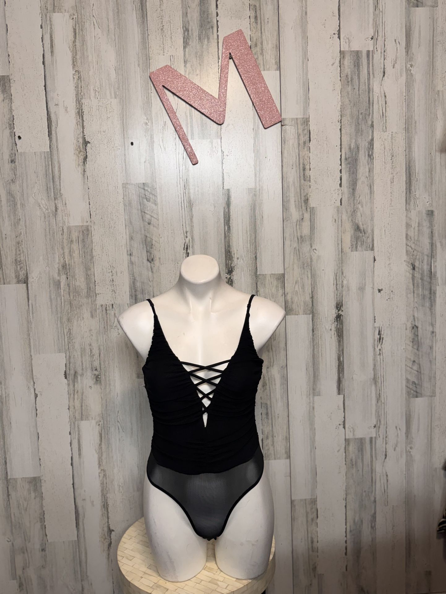 Windsor Black Lace Up Bodysuit Women’s M – Sheer Mesh Back, Ruched Front, Sexy Night Out One Piece NWT