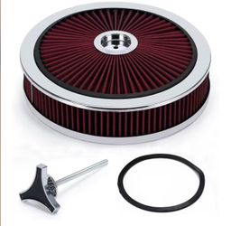 14" X 3" Round High Flow Washable Air Cleaner Filter Assembly w/Chrome Flow-Thru Lid for Caburetor Lid 5-1/8" Carb Neck Compatible with Ford/GMC/Chevy