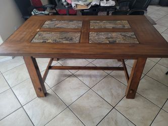Wood Dining Table with Stone Tile Inlay