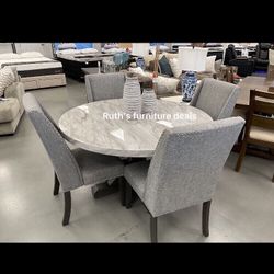 Elegant 5-pc Round Dining Table Set White Faux Marble Top