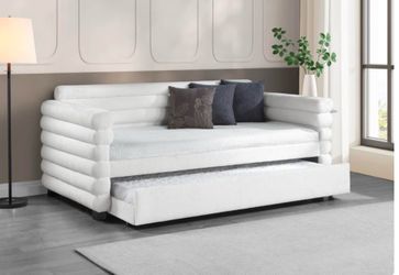 Patricia Boucle Upholstered Twin Day Bed with Trundle White or Gray Option