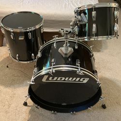 1982 Ludwig USA B/O Badge Drum Set. 24x14 Bass 16x16, 13x9 Toms Black Cortex. 6-ply maple/popular clear shells made in Chicago. Shipping avail