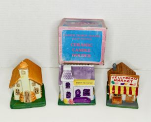 Vintage 1990 MSR Imports, Inc. “Easter Design Houses Hand-Painted Ceramic Candle Holder” Set of 3