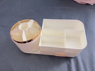 White and Gold Makeup Organizer with Rotating Caddy