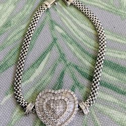 Sterling 925 Silver White Cubic Zirconia  Over Heart Bracelet