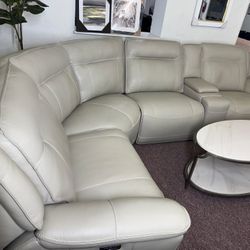 Furniture- 100% Real Semi Aniline  Leather Sectional With 3 Power Recliners- Lenardo