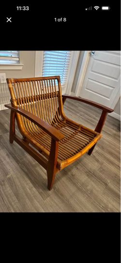 Vintage Mid-Century Rattan & Wood Lounge Chair