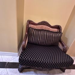 Vintage Carved Wood Loveseat – Elegant Upholstered Couch