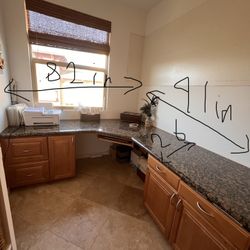 Cabinet, office desk with tiger skin granite on top
