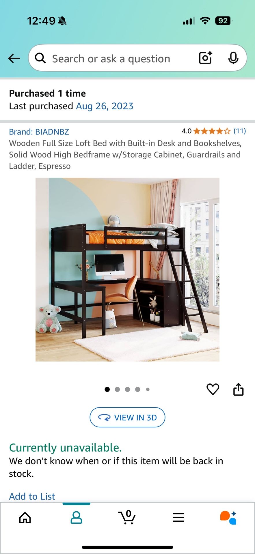 2 year old full size loft bed with desk and shelving in nearly new condition