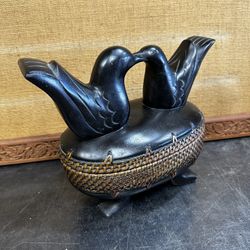 Antique Filipino Carved Wood Lidded Bowl Basket Weave Rim & Bird Finials