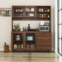 Kaunas 63" Walnut Kitchen Hutch Cabinet with Open Shelves and Drawers