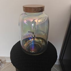 Iridescent Glass Liquid Beverage Dispenser with Wood Lid, Perfect for Parties