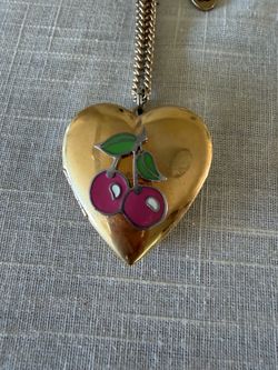 Juicy Couture Vintage Heart Locket Cherry Charm Necklace Gold Tone Pink Enamel