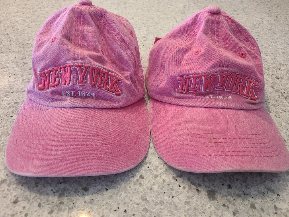 (2) New York City NYC est. 1624 pink baseball adjustable hats caps