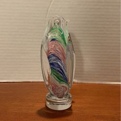 Art Glass Two Penguins Multicolor 7“ X 2“ UB  clear, white greens, pings, and blues