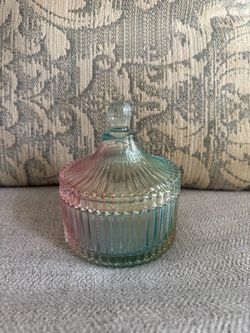 Iridescent Ribbed Glass Trinket Jar with Lid