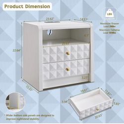 ✌️ Modern Nightstand with Charging Station, Wood End Table w/2 Storage Drawers and Open Shelf, Mid Century Modern Bedside w/Diamond Panel Decorate