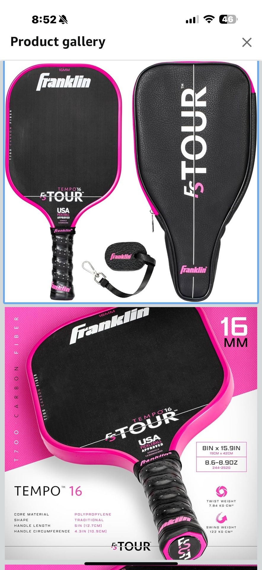 Franklin Sports Pro Pickleball Paddle Set - FS Tour Series Carbon Fiber Pickleball Paddle, Paddle Cover + Paddle Eraser - Official USA Pickleball (USA