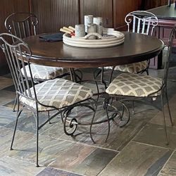 High End Heavy Wood & Wrought Iron Dining Table & 4 Matching Iron/Upholstered Chairs