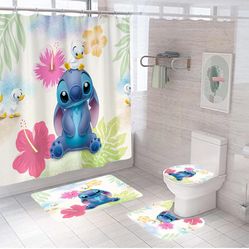 Upgrade Your Bathroom with a 4 Piece Stitch Shower Curtain Set Including Non-Slip Rug, Toilet Lid Cover, Bath Mat, and 12 Hooks - Waterproof and Styli