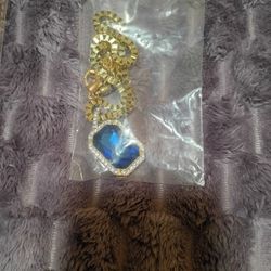 Iced Out Faux Blue Sapphire Pendant Necklace - Gold Tone