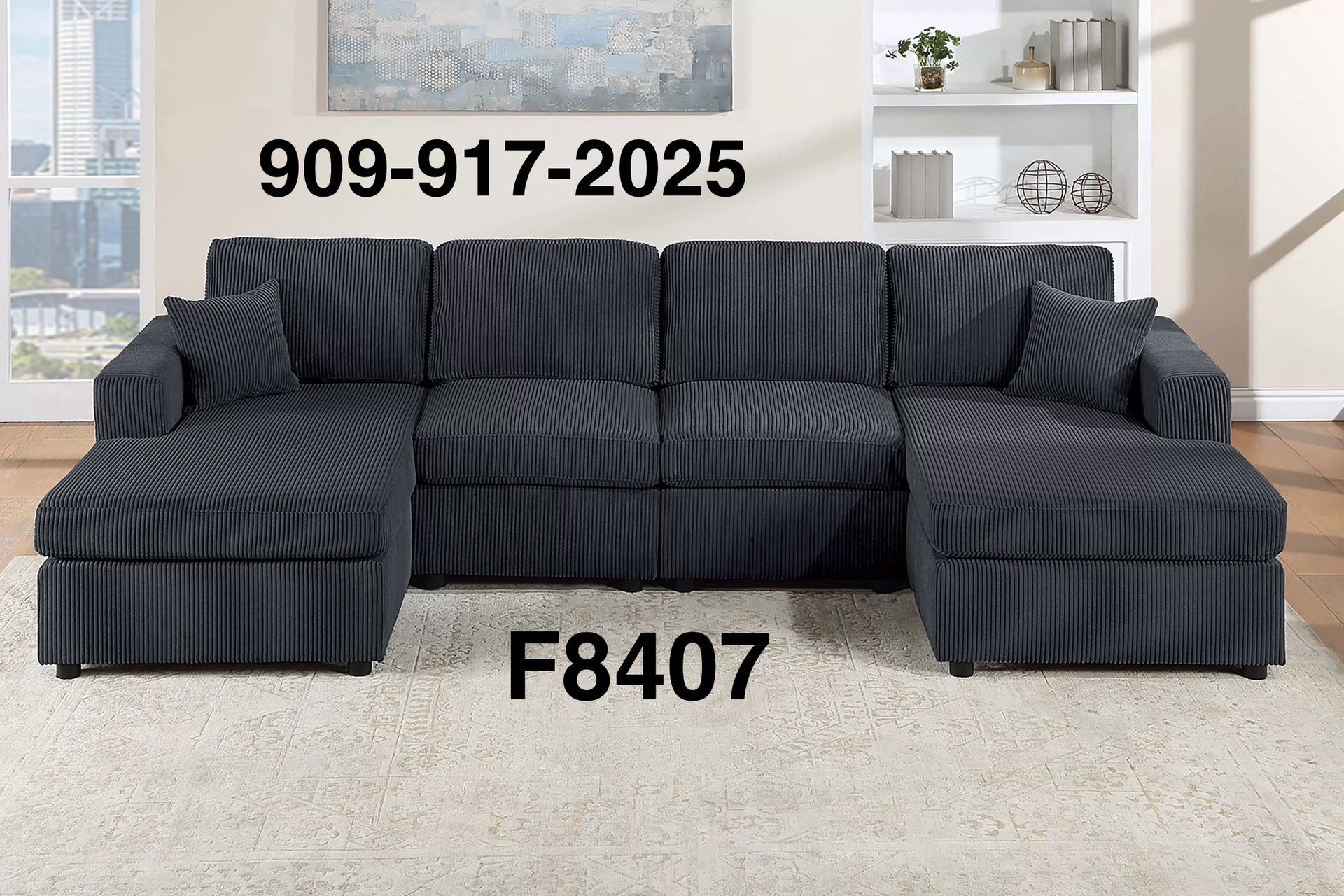 3 PC SECTIONAL IN BLACK CORDUROY. FINANCING AVAILABLE