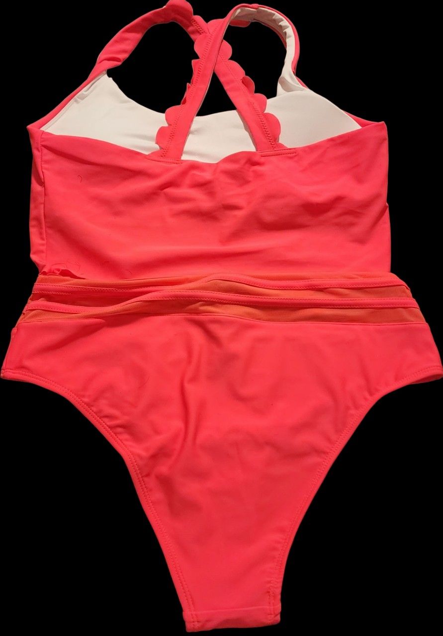 Scalloped Sleeveless High Waisted Two Piece Swimsuit M Pink