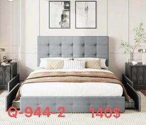 (Q-944-2)Amolife Queen Size Platform Bed Frame with Square-stitched Headboard and 4 Drawers, Light Gray