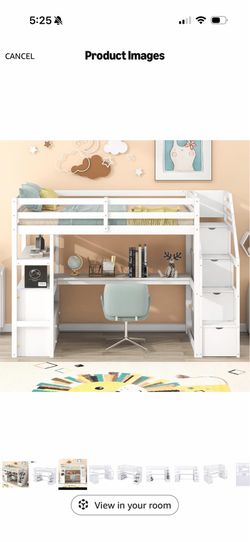 Loft Bed Frame Twin Size with Desk, Storage Stairs and Drawers, Solid Wood Loft Bed with Shelves and Full-Length Guardrails for Kids Adults Teens, Whi
