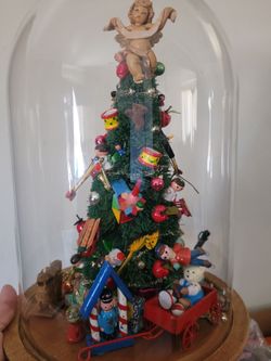 Vintage Miniature Christmas Tree Glass Cloche Display. Glass dome with a wood base