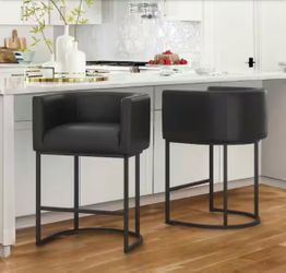 Black Counter Bar Stool PU Leather Upholstered Barrel Counter Stool with Metal Frame Set of 2