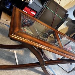 Wood & Glass Coffee Table – Modern Cross Base Design