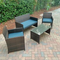 New Brown Wicker Patio Set with Navy Blue Cushions - 4 pc Outdoor Wicker Furniture Set