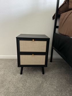 Set of two Rattan and black wood nightstands