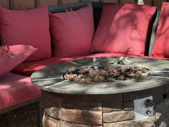 Outdoor Patio Furniture Set That Sits Nine With A Fire Table Cracked On Top Works Excellent