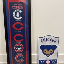 Chicago Cubs Framed Heritage Embroidered Logo Banner And Metal Sign