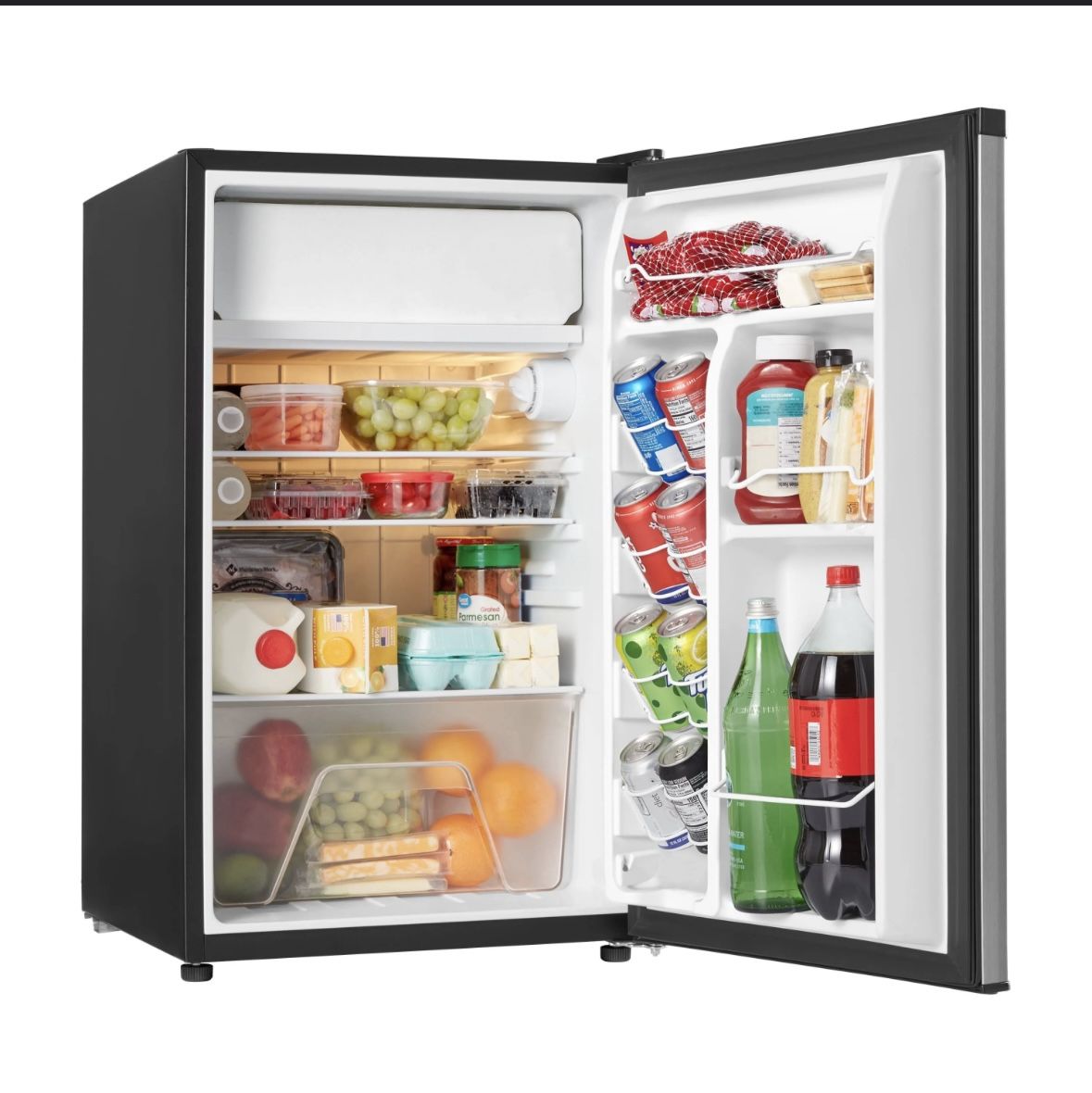 Galanz 4.3 Cu ft Single Door Mini Fridge, Stainless Steel Look, New, Width 19.12"