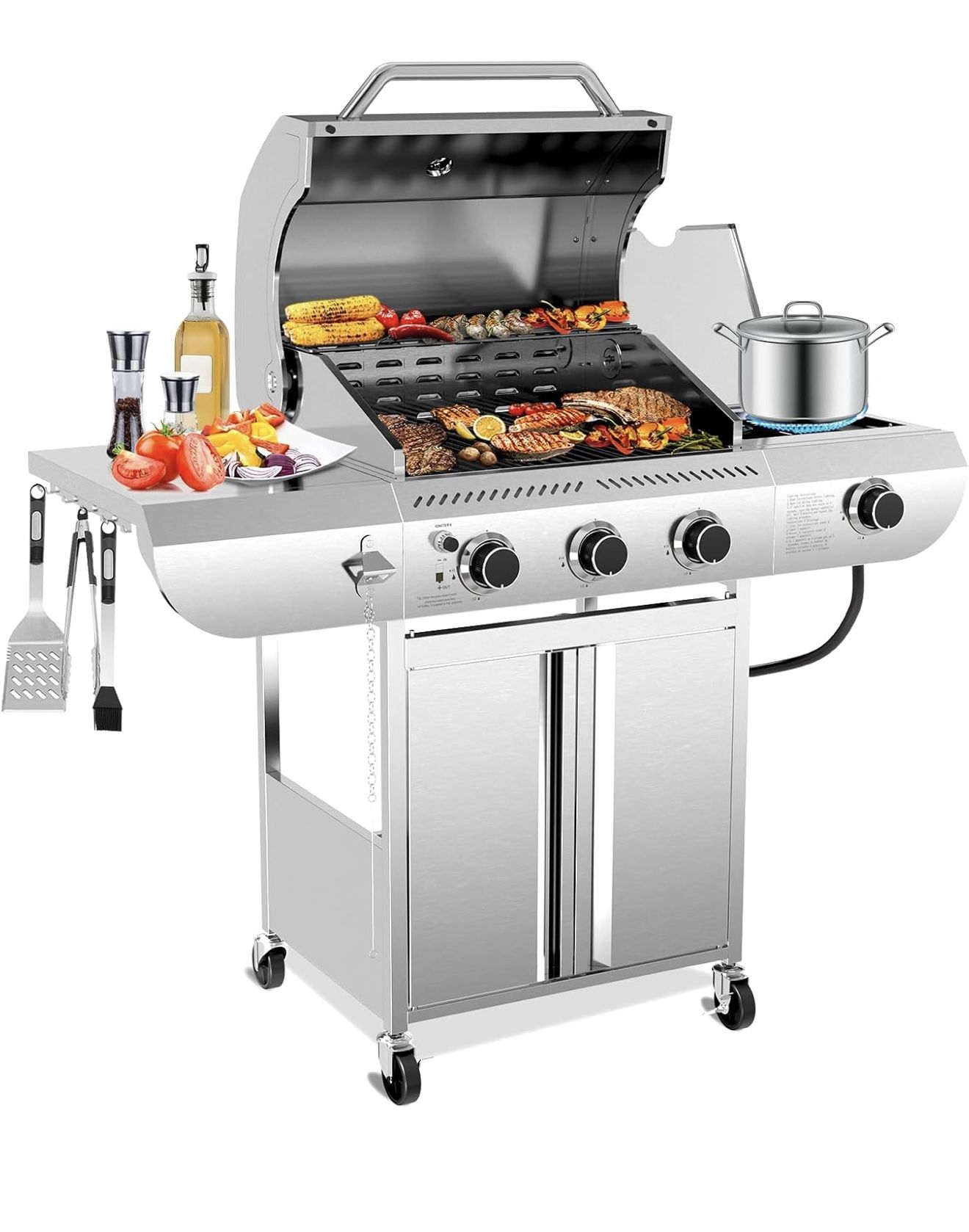 3-Burner Propane Gas Grill with Side Burner – 34,000 BTU Stainless Steel Outdoor BBQ Grill, Cast Iron Grates, Portable with Wheels for Patio, Camping
